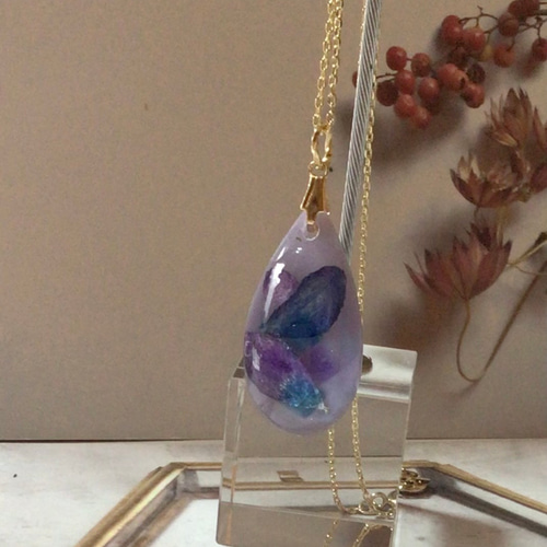 レジン 紫陽花ドライフラワー入り ネックレス 紫 ネックレス