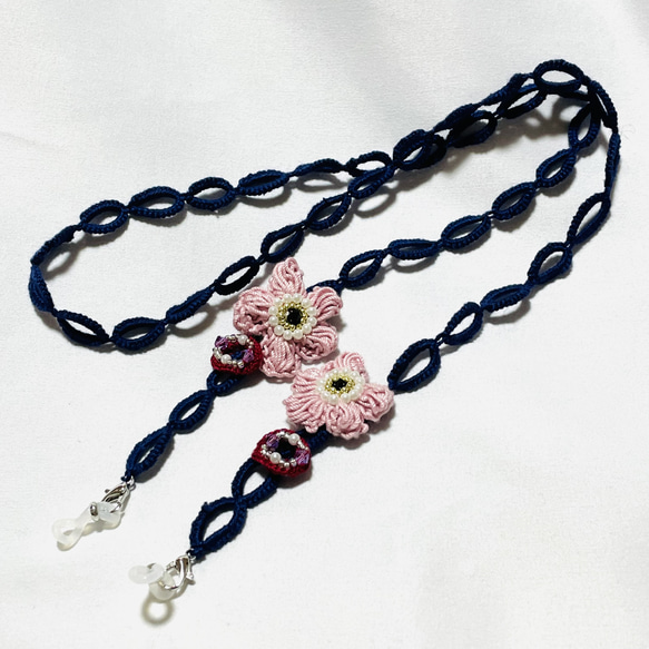 メガネチェーン　ハンドメイド　タティングレース メガネチェーン ハンドメイド タティングレース 藍色 - メルカリ