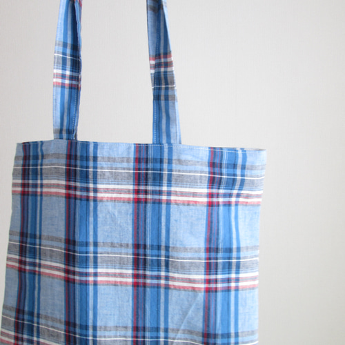 マチなし トートバッグ 裏地つき チェック柄 青 トートバッグ yuhi
