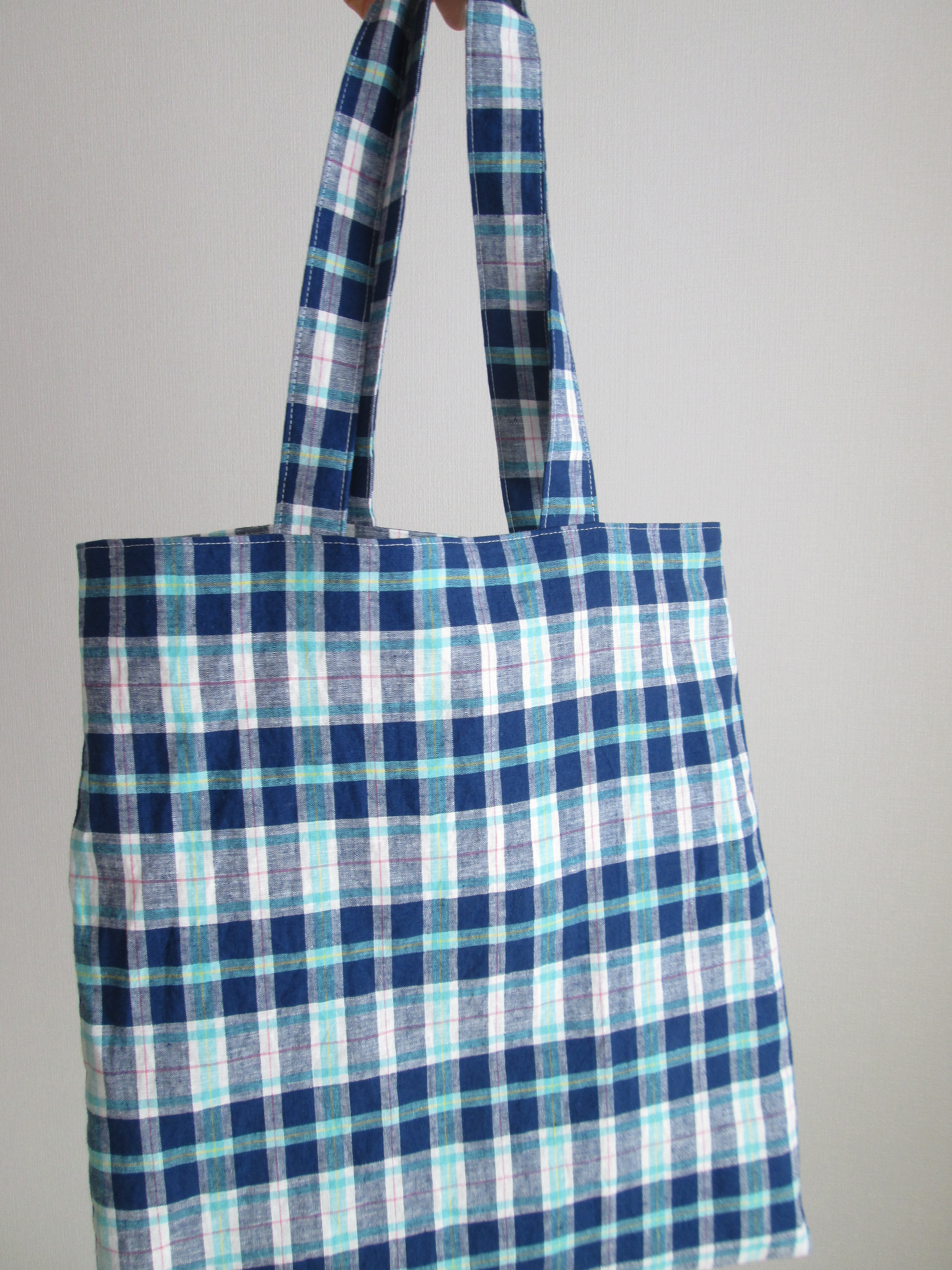 マチなし トートバッグ 裏地つき チェック柄 青 トートバッグ