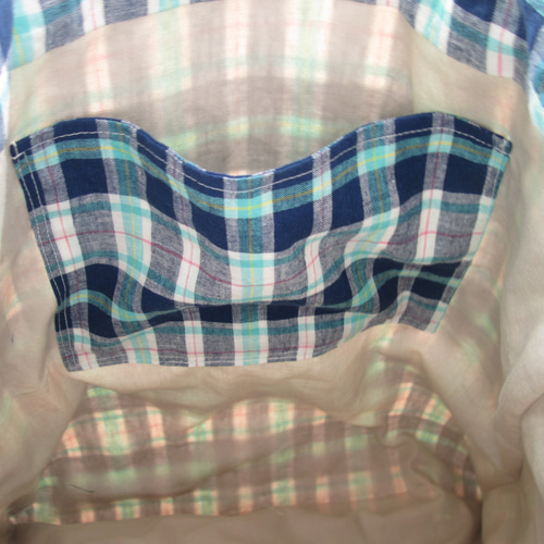 マチなし トートバッグ 裏地つき チェック柄 青 トートバッグ