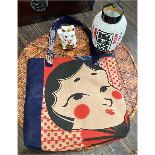 おかめひょっとこの手ぬぐいの柿渋染めトートバッグ 手ぬぐいリメイク トートバッグ 着物リメイク 順子 通販｜Creema(クリーマ) 17822483