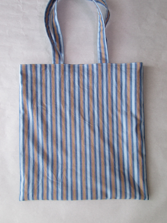 マチなし トートバッグ 裏地つき ストライプ柄 ブルー×ブラウン トート