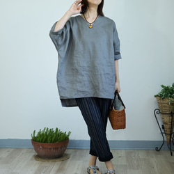 スクエアフォルムのリネンブラウス：グレー 14枚目の画像