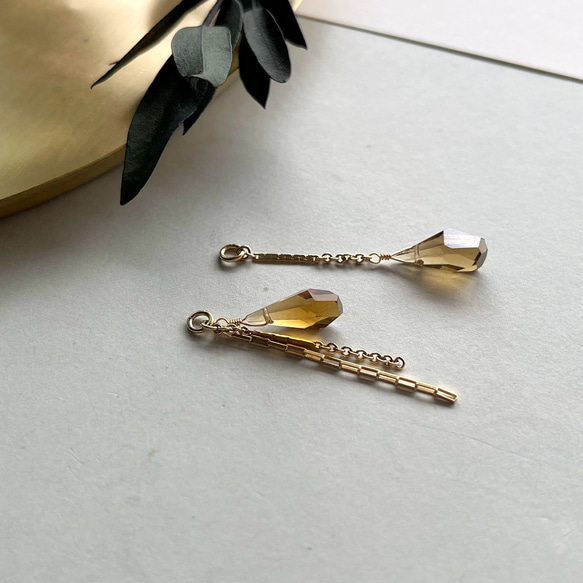 ビアクォーツと14kgfチェーンのアシンメトリー【チャーム】【ピアス