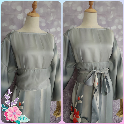 【SALE】d76 着物ワンピース サッシュベルト付 着物リメイク マキシ丈 d27 4Lサイズ 着物ドレス＆サッシュベルト 着物リメイク マキシ