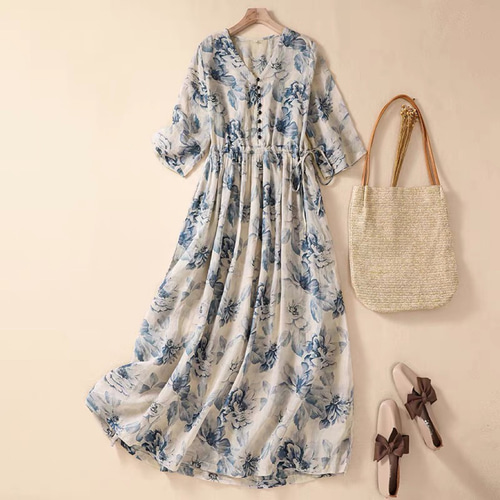 花柄 七分袖 ワンピース★大人可愛い 上品 夏ワンピ 夏 お洒落★ 7分袖ワンピース 夏ワンピース 綿麻ワンピース ベージュ花柄