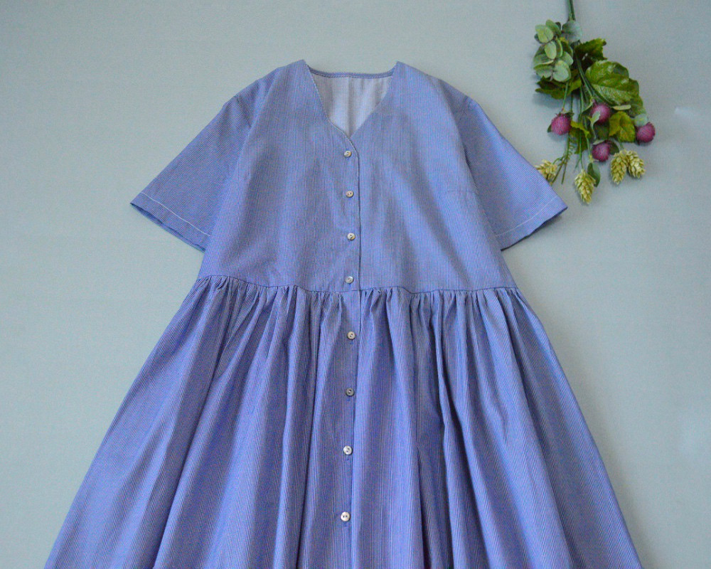 Vネックストライプポケット付き半袖大人可愛いワンピース♪