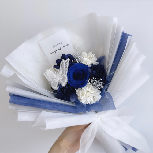 ♡リコページ♡ドライフラワーラッピングブーケ❀大きさいろいろ♡ ブルー系 ふんわり♡蝶々舞う花束 ラッピングブーケ ドライフラワーと