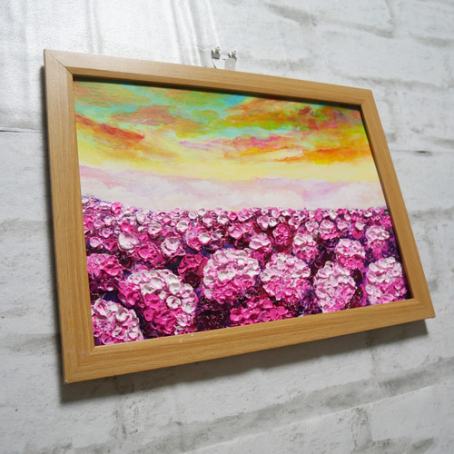 油絵 油彩 油彩画 絵 絵画【天空の夕日と紫陽花】 絵画 HR 通販 