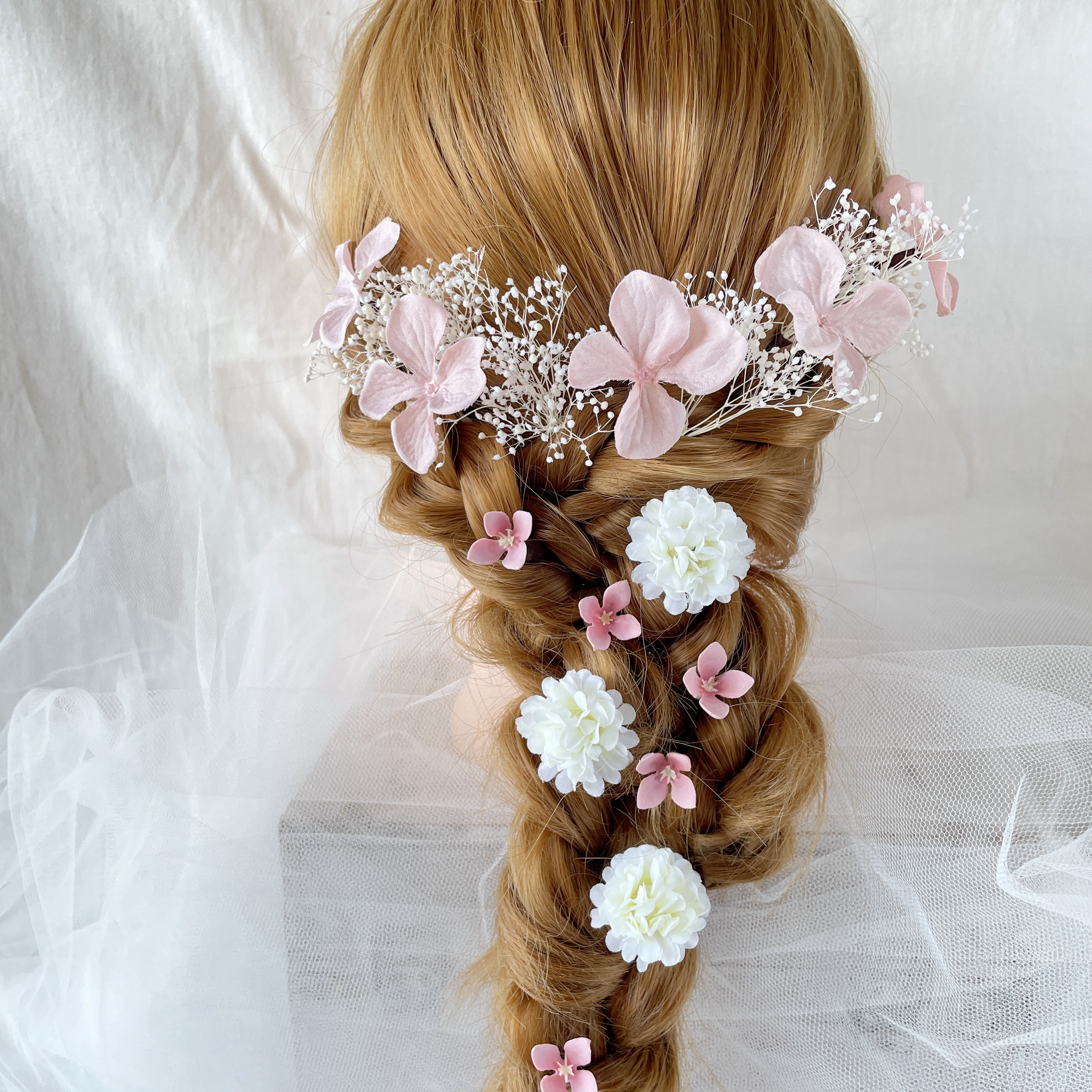 ブライダル　ウエディング　結婚式　かすみ草　紫陽花　ヘッドドレス　ピンク　前撮り　卒業式髪飾り　袴　成人式　卒業式