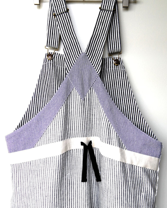 麻100%ヒッコリー・ボリュームオーバーオール【gri:n ai】 Mサイズ