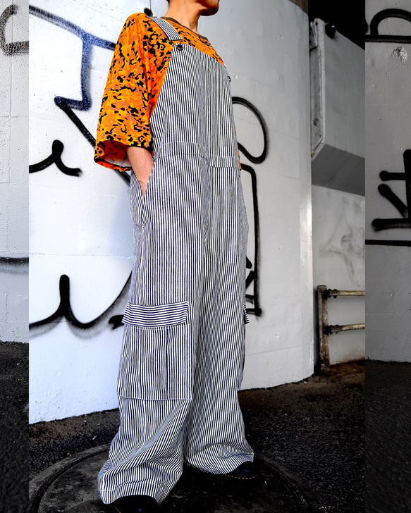 麻100%ヒッコリー・ボリュームオーバーオール【gri:n ai】 Mサイズ