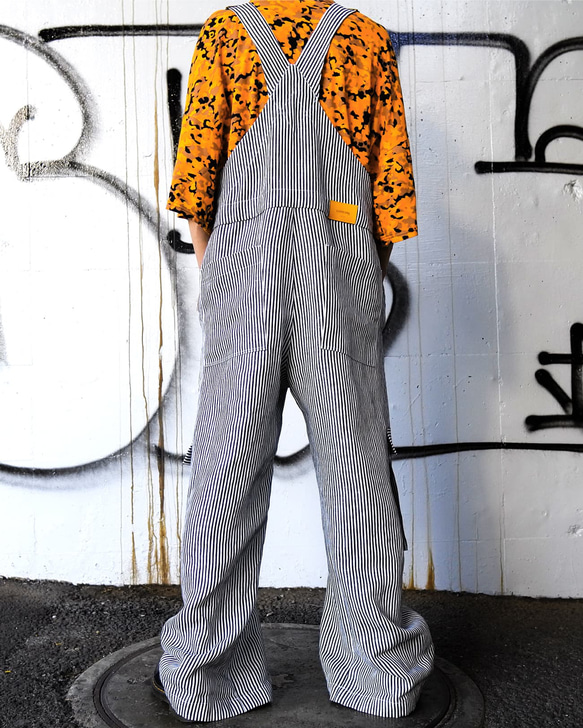 麻100%ヒッコリー・ボリュームオーバーオール【gri:n ai】 Mサイズ