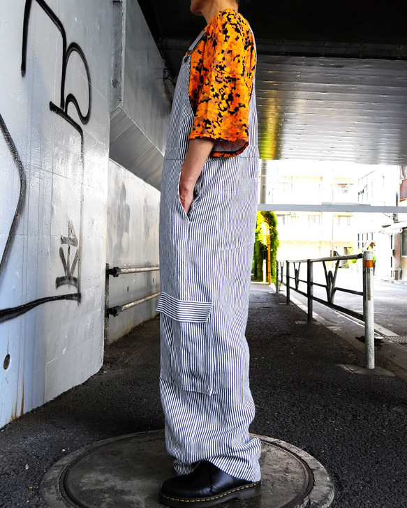 麻100%ヒッコリー・ボリュームオーバーオール【gri:n ai】 Mサイズ