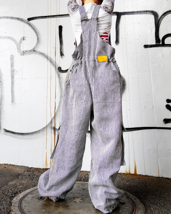 麻100%ヒッコリー・ボリュームオーバーオール【gri:n ai】 Mサイズ