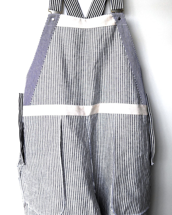 麻100%ヒッコリー・ボリュームオーバーオール【gri:n ai】 Mサイズ