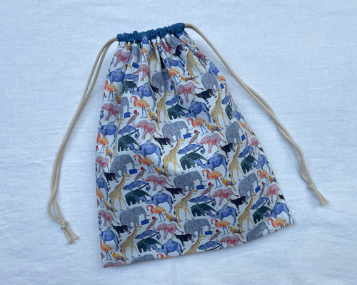 リバティ 巾着 30×25 体操服入れ / キューフォーザズー 動物 ブルー