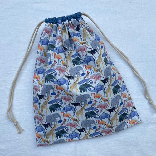 リバティ 巾着 30×25 体操服入れ / キューフォーザズー 動物 ブルー