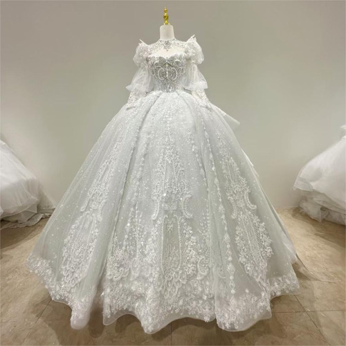 新作！高品質 ウェディングドレス 姫袖 長袖 華やかトレーン 背中見せ  