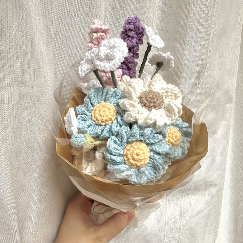 水色 ブーケ 立体 花束 枯れない花 記念日 プレゼント ニット