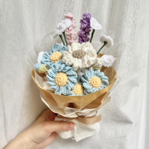 水色 ブーケ 立体 花束 枯れない花 記念日 プレゼント ニット