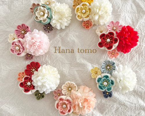 つまみ細工リボン髪飾り　ピンク　赤　白　七五三　成人式　浴衣　結婚式 つまみ細工の髪飾り【大きなお花とリボン 赤ピンク系 さがり付き