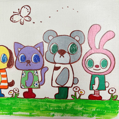 背の順に並んでみた…とり いぬ ねこ くま うさぎ」原画 絵画