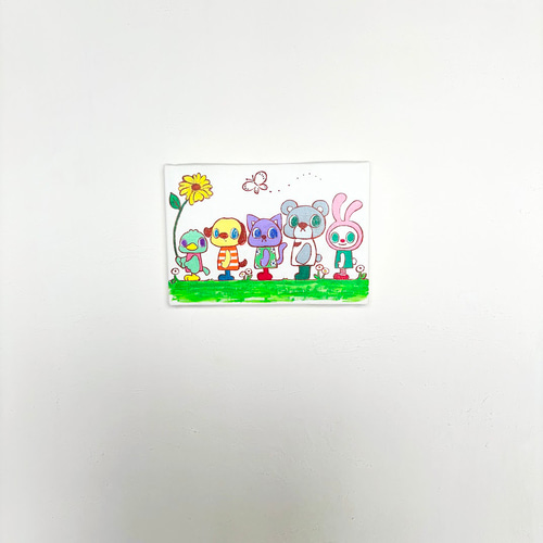 背の順に並んでみた…とり いぬ ねこ くま うさぎ」原画 絵画