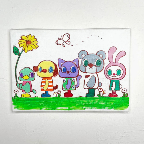 ryuさん専用、子供と動物の絵画 サイン入り 2019年 背の順に並んでみた…とり いぬ ねこ くま うさぎ」原画 絵画