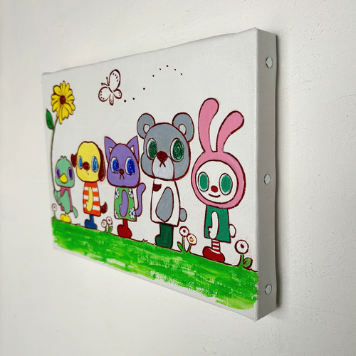 背の順に並んでみた…とり いぬ ねこ くま うさぎ」原画 絵画