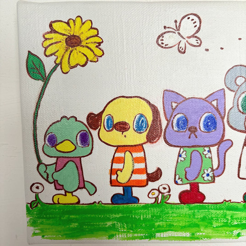 オーダー品　自作絵画　猫とうさぎたち　猫とうさぎの絵 自作絵画 Flower shop うさぎと小鳥の絵 - メルカリ