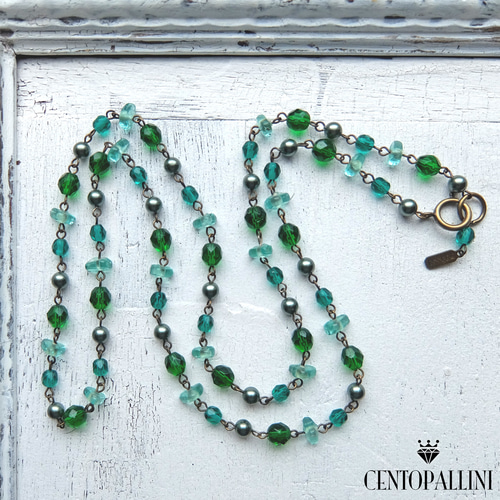 ビンテージビーズ  9連ネックレス ブロンズカラー 9ピンつなぎのチェコガラス チェーン ロングネックレス、4色展開の