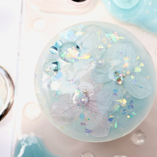 あめもよう⋆̩☂︎*̣̩紫陽花✾.スマホグリップ付き 押し花スマホケース