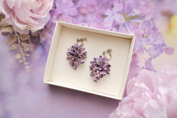 ライラック*パープル 革花ピアス・イヤリング/夏/6月誕生花/2024