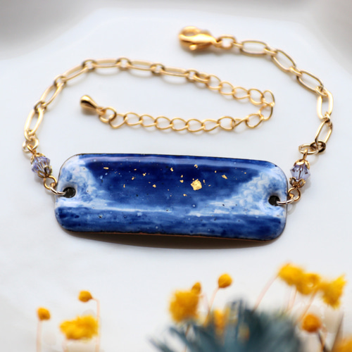 七宝焼【 星涼し・海辺の夜空 】カラーチェンジガラスビーズ付