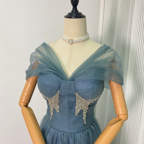 送料無料！カラードレス グレー青 オフショルダー イブニングドレス  