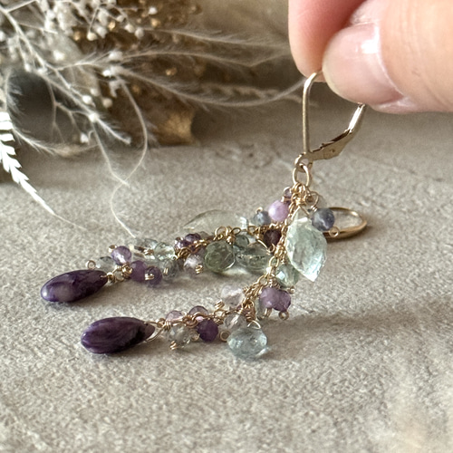 紫陽花カラー】カラフル天然石のシャンデリアピアス│14kgf