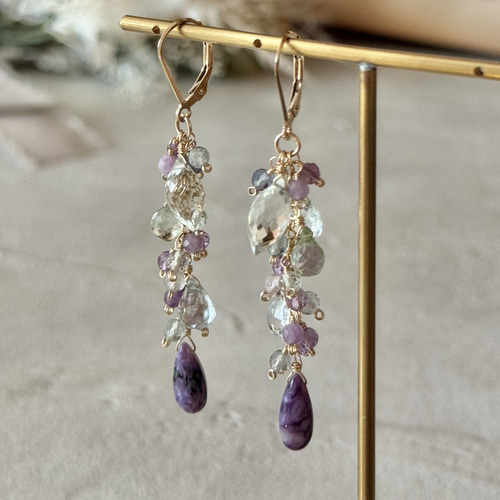 紫陽花カラー】カラフル天然石のシャンデリアピアス│14kgf