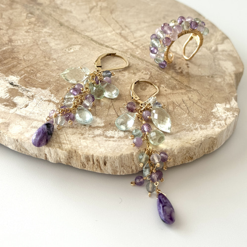紫陽花カラー】カラフル天然石のシャンデリアピアス│14kgf