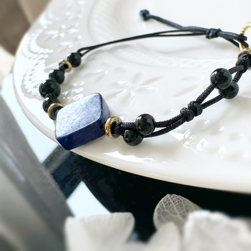 ラピスラズリ×ブラックオニキス ブレスレット｜黒胆石 片面調整