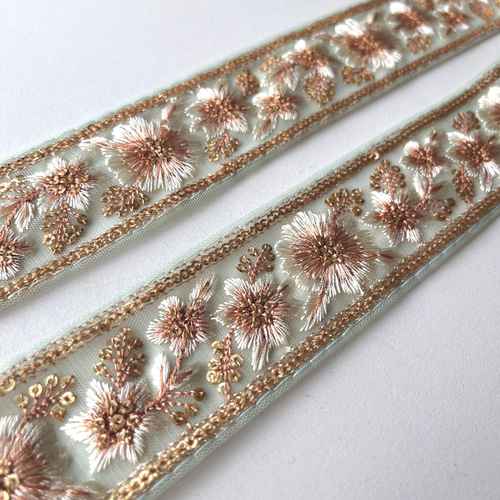50cm】インド刺繍リボン グリーン チュール SN1027 リボン・テープ 
