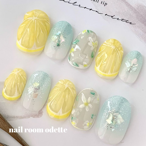 再販＊爽やかレモンソーダネイルチップ ちゅるん ぷっくりネイル 春夏