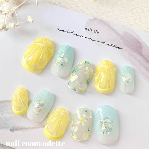 再販＊爽やかレモンソーダネイルチップ ちゅるん ぷっくりネイル 春夏