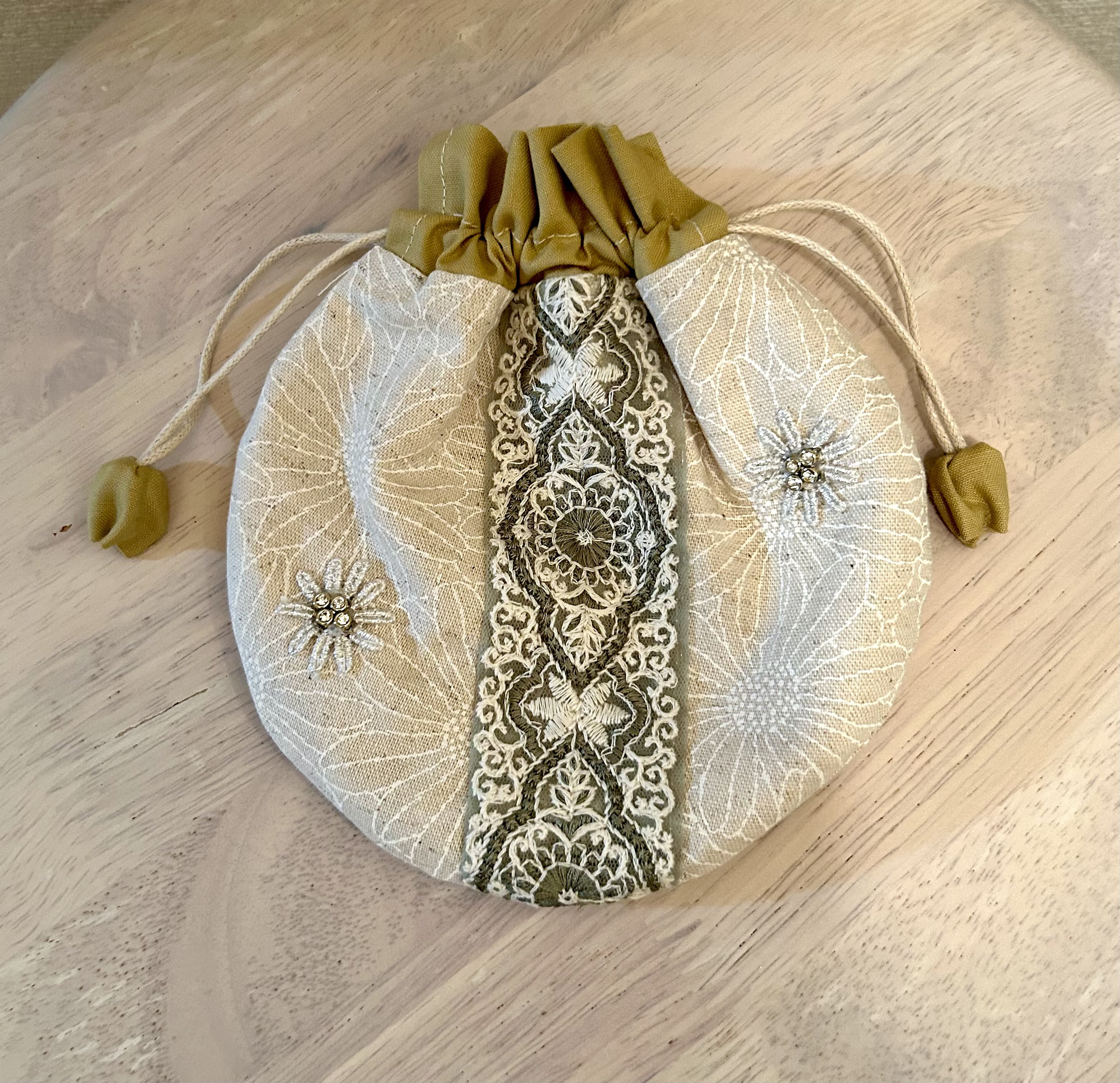 «506»´-◤完売しました◢  まんまる巾着ポーチ´-インド刺繍リボン´-ラインストーン´-レース