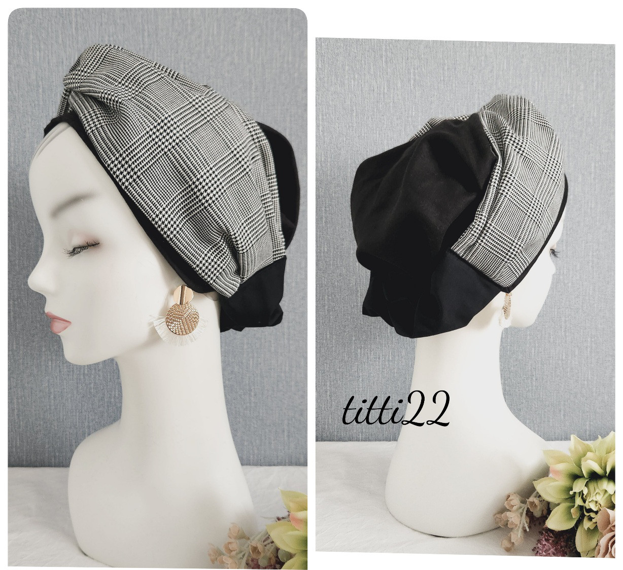 new 【グレンチェック】帽子にもなるヘアターバン