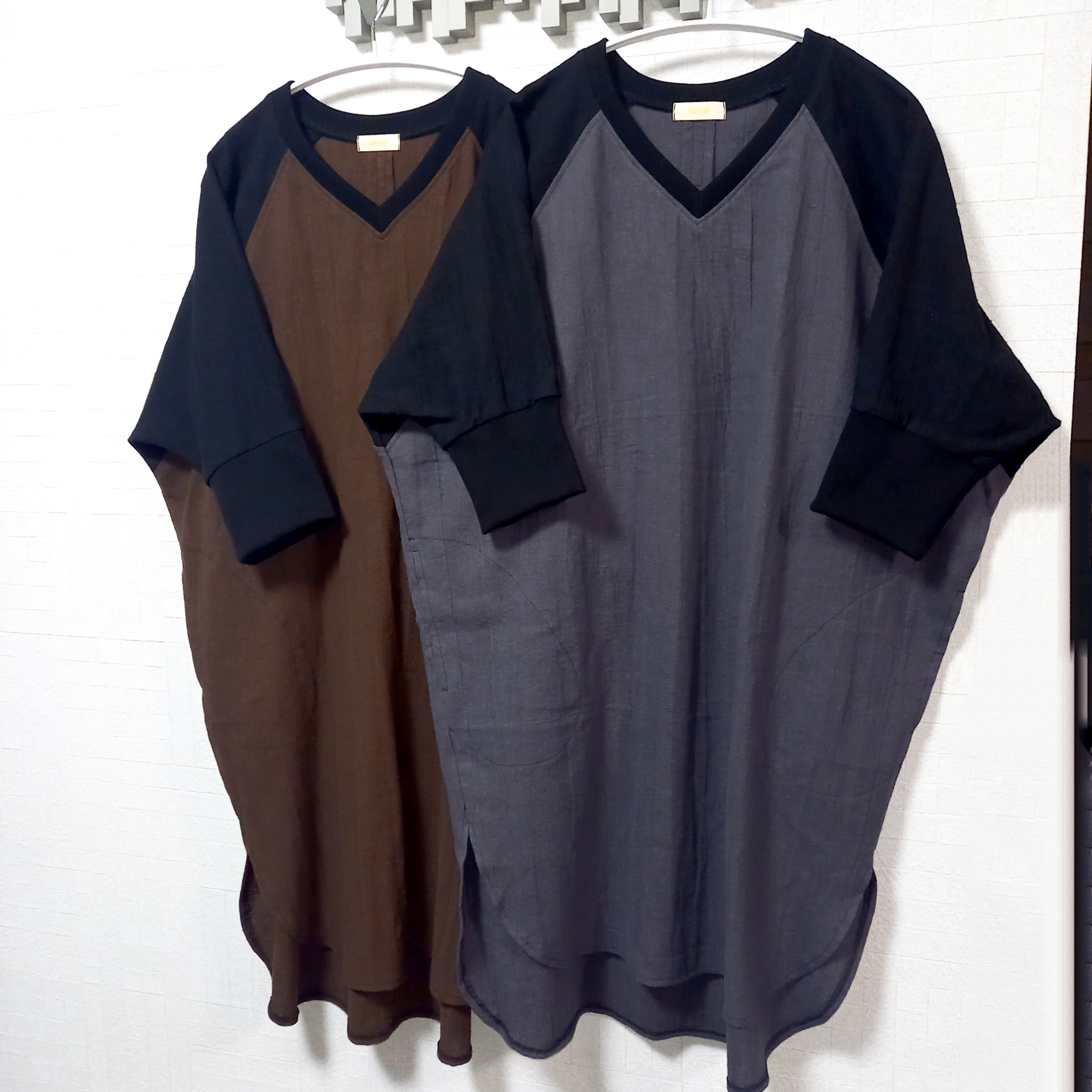 《再販》ビッグサイズ　布綿とリブ地のコンビTブラウス(黒×茶)(黒×くすみパープル)