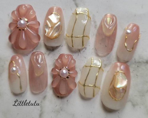 ネイルチップ 現品 ショートバレリーナ ぷっくりフラワー ニュアンス
