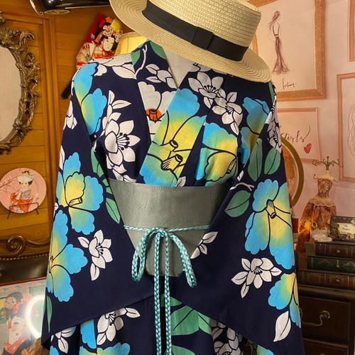 和洋折衷 浴衣 リメイク ワンピース ドレス 帯サッシュベルト レトロ  
