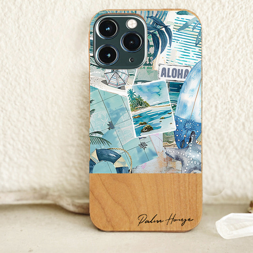 天然木♡名入れ♪ BLUE ALOHA COLLAGE iPhoneケース